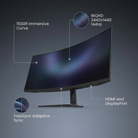 34 In. 1500R Curved Gaming Monitor, WQHD 3440X1440P 144Hz Ultra-Wide Computer Screen W/Freesync, Hdmi&Displayport, Black — infographic