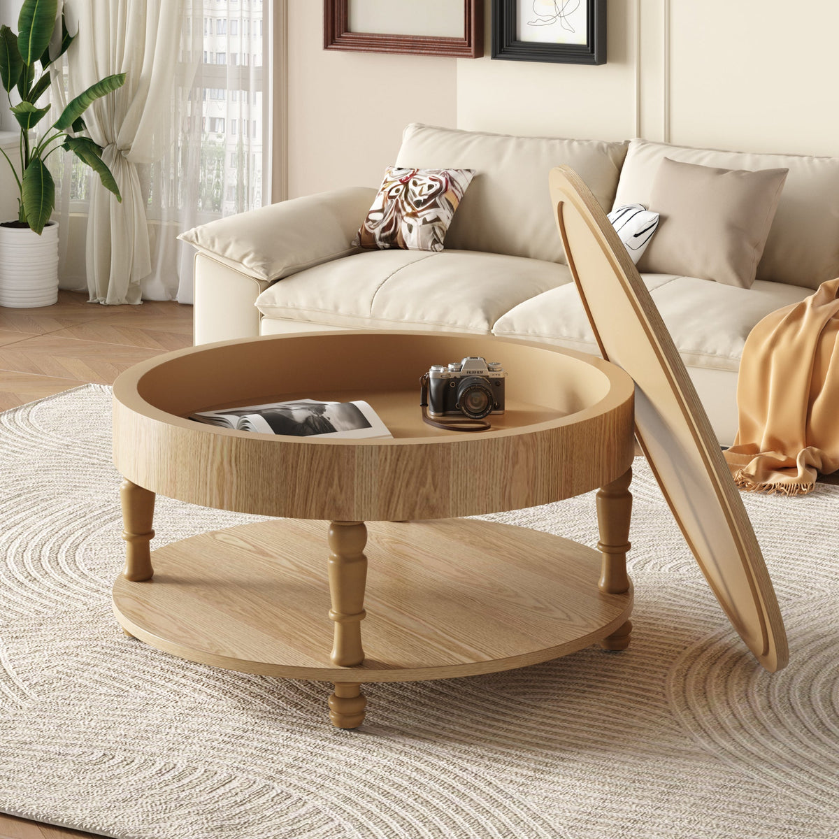 Round Coffee Activity Table with Dual Storage - Natural Wood, 31.5"