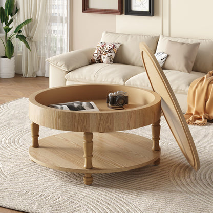 Round Coffee Activity Table with Dual Storage - Natural Wood, 31.5"