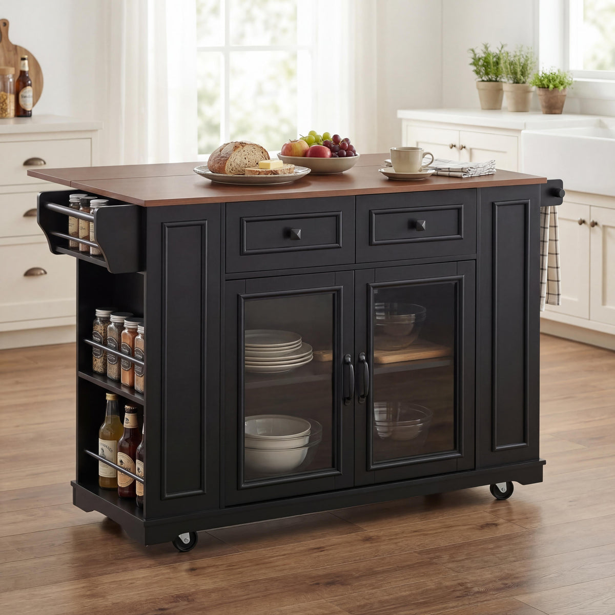 54" Mobile Kitchen Island with Glass Door Storage & Power Outlet - Black, Blue Gray, White