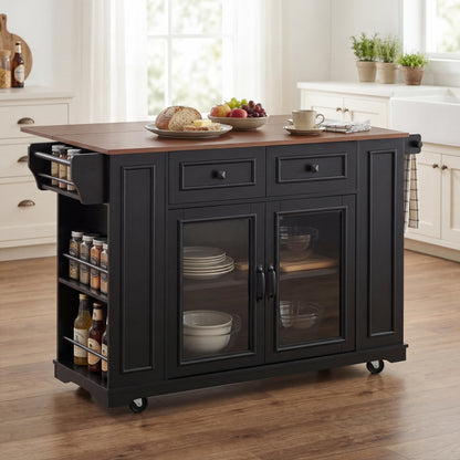 54" Mobile Kitchen Island with Glass Door Storage & Power Outlet - Black, Blue Gray, White