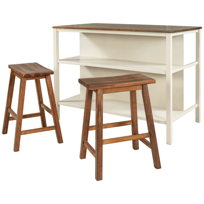Rustic 3 Piece Stationary Kitchen Island Set with 2 Open Shelves - Light Brown