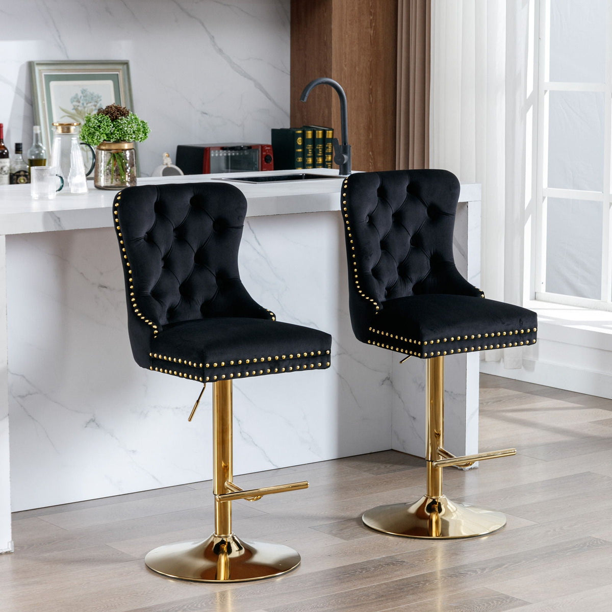 Modern Upholstered Swivel Barstools with Adjustable Height - Set of 2