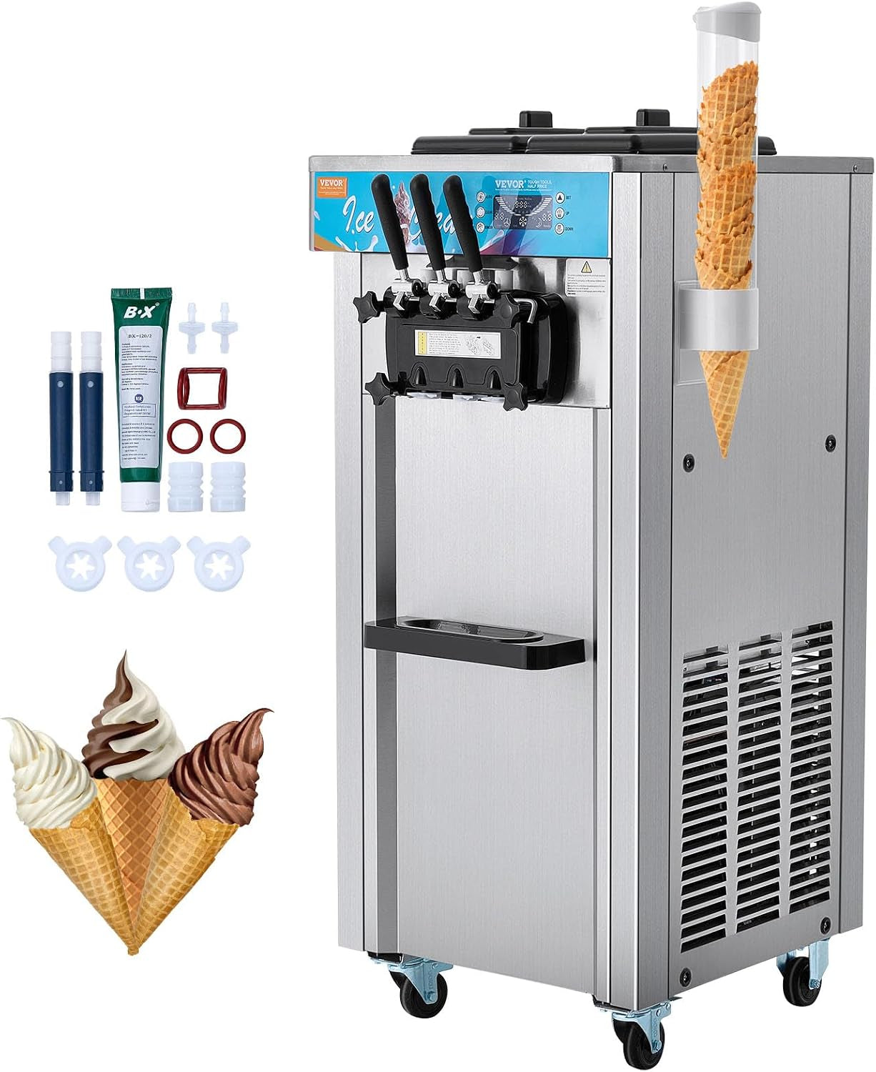 Commercial Ice Cream Machine, 21-31 L/H Yield, 1800W 3-Flavor Freestanding Soft Serve Ice Cream Maker, 2 X 5.5L Stainless Steel Cylinder, LED Panel Auto Clean Pre-Cooling, for Restaurant Bars