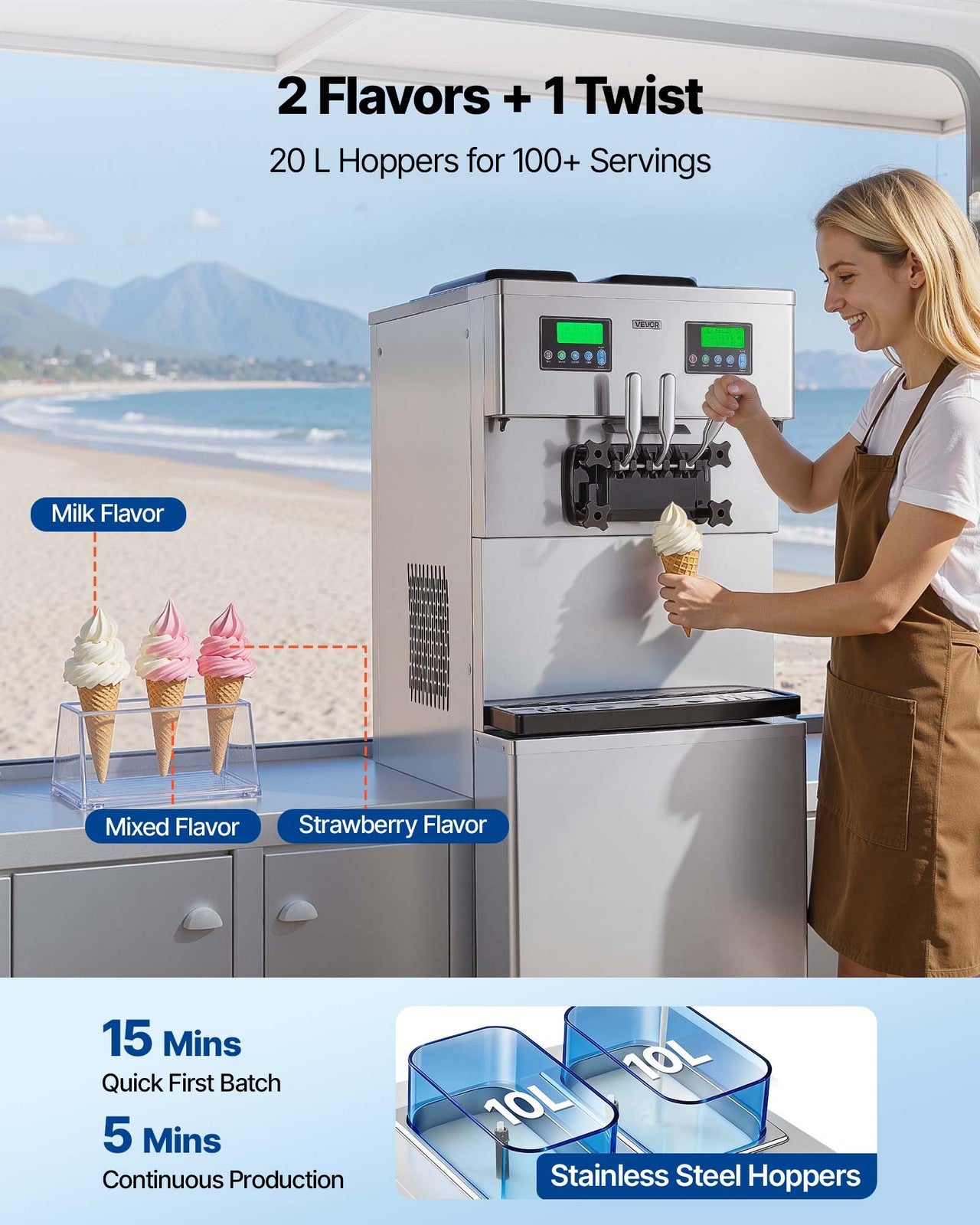 VEVOR Commercial Ice Cream Machine Dual Compressors 3-Flavor Ice Cream Maker