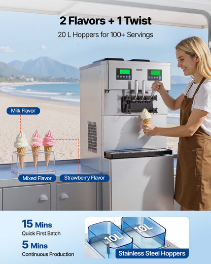 VEVOR Commercial Ice Cream Machine Dual Compressors 3-Flavor Ice Cream Maker