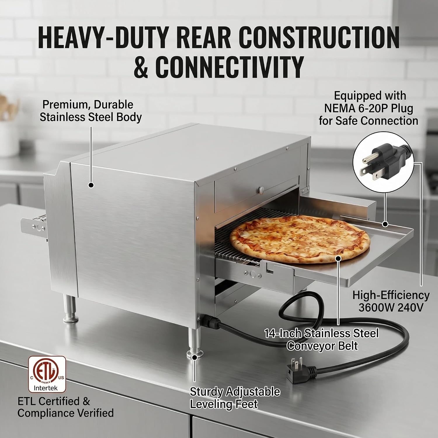 14" Commercial Conveyor Pizza Oven, 3600W 240V Countertop Electric Pizza Baker with 14-Inch Stainless Steel Belt, 6-20P Plug, High Efficiency Fast Baking for Restaurant, Snack Bar, Silver