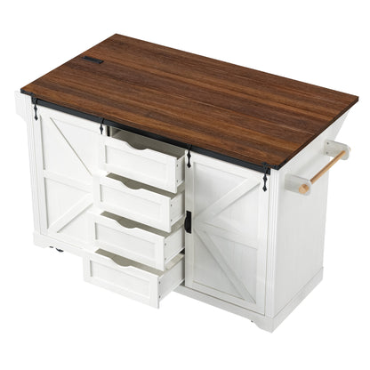 72" Farmhouse Kitchen Island with Fridge Storage and Power Outlets - Imitation Wood Grain