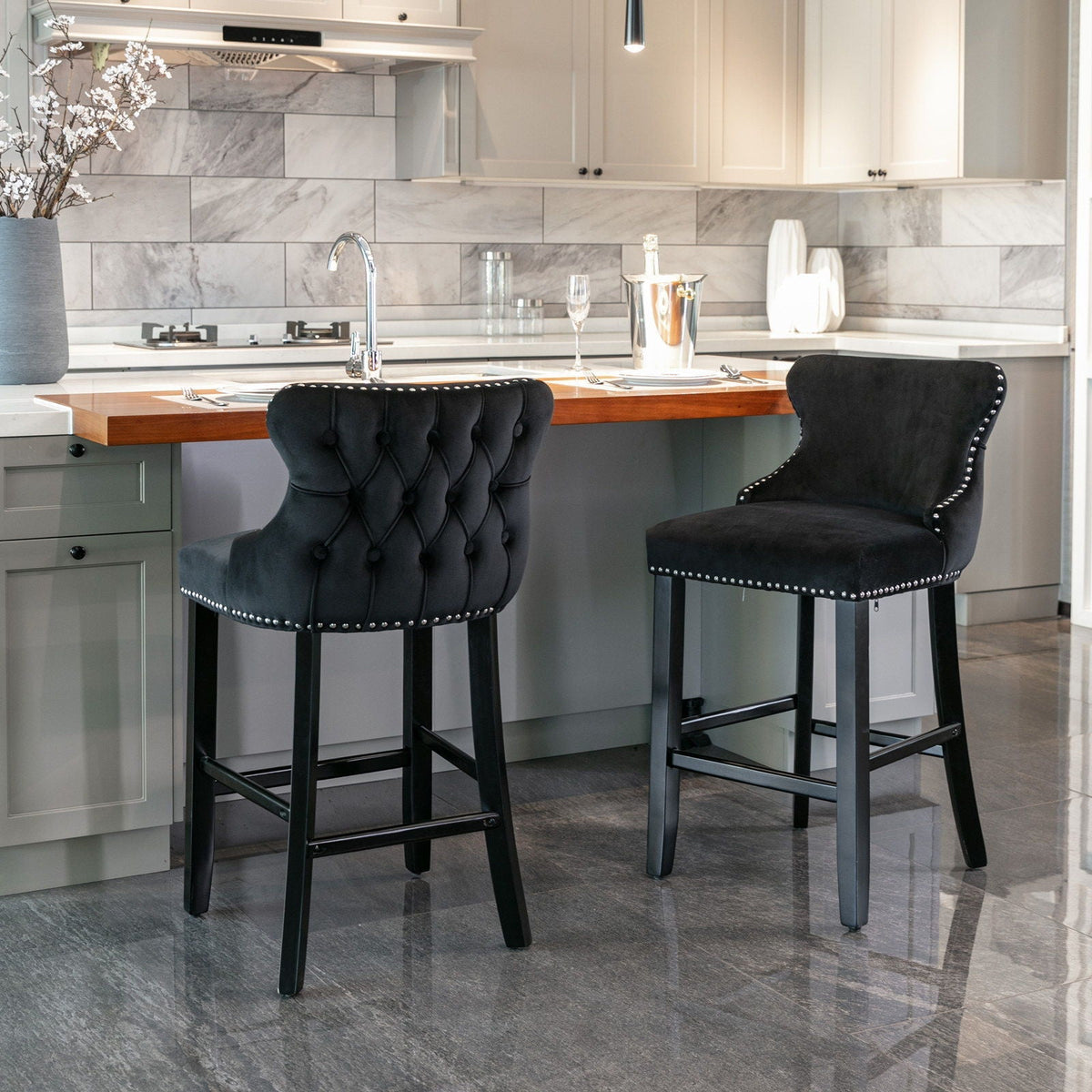 Upholstered Wing-Back Barstools with Button Tufting and Nailhead Trim - Set of 2