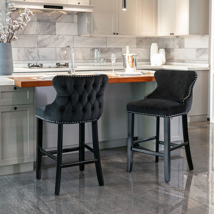 Upholstered Wing-Back Barstools with Button Tufting and Nailhead Trim - Set of 2