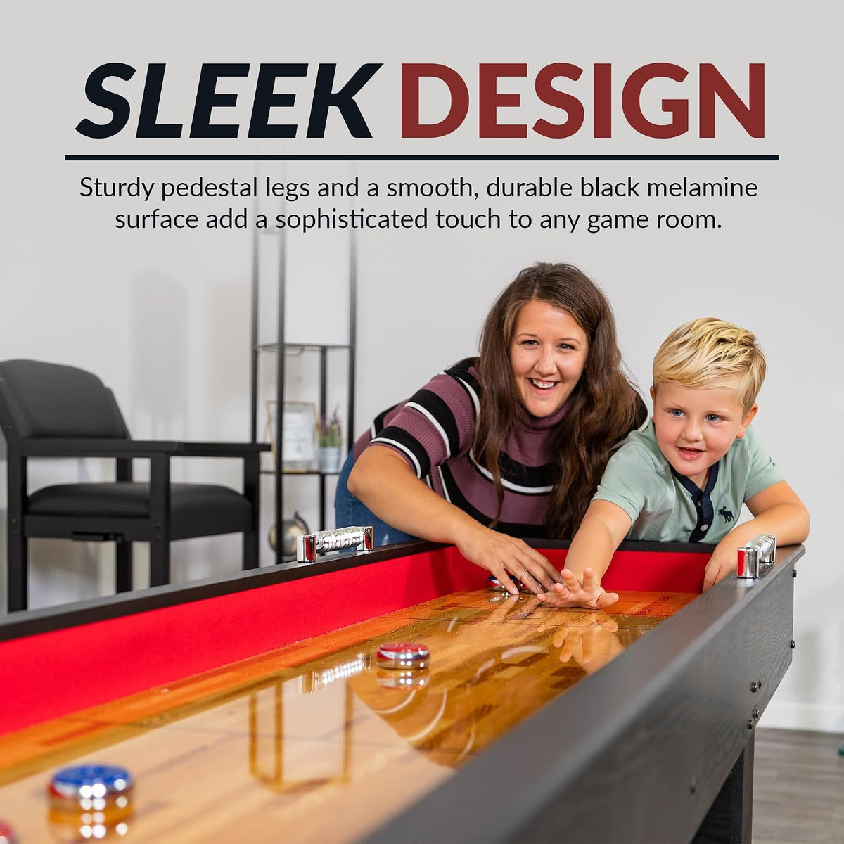 Avenger 9-Foot Shuffleboard Table for Family Game Rooms – Poly-Coated Playfield, Integrated Scoring System, Carpeted Gutters, Includes 8 Pucks, Brush, and Wax – Black Finish