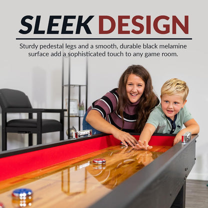 Avenger 9-Foot Shuffleboard Table for Family Game Rooms – Poly-Coated Playfield, Integrated Scoring System, Carpeted Gutters, Includes 8 Pucks, Brush, and Wax – Black Finish