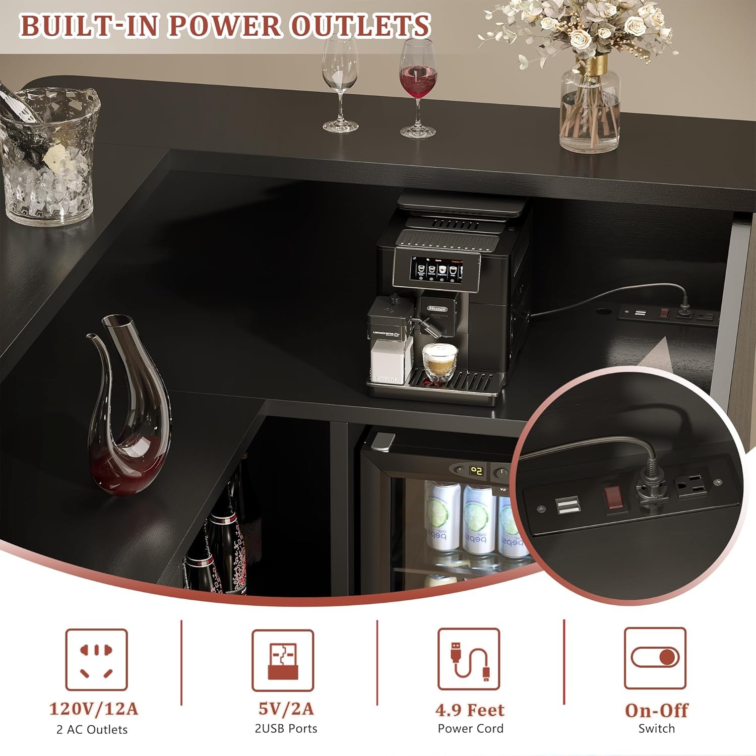 L-Shaped Home Bar Cabinet with Fridge Space, 4-Tier Corner Bar Cabinet with Glass Holder, Liquor Cabinet for Home with Led Lights, Power Outlets, Wine Cabinet for Living Room, Dining Room, Basement