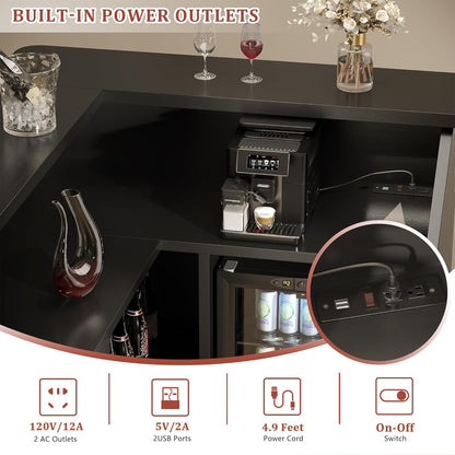 L-Shaped Home Bar Cabinet with Fridge Space, 4-Tier Corner Bar Cabinet with Glass Holder, Liquor Cabinet for Home with Led Lights, Power Outlets, Wine Cabinet for Living Room, Dining Room, Basement