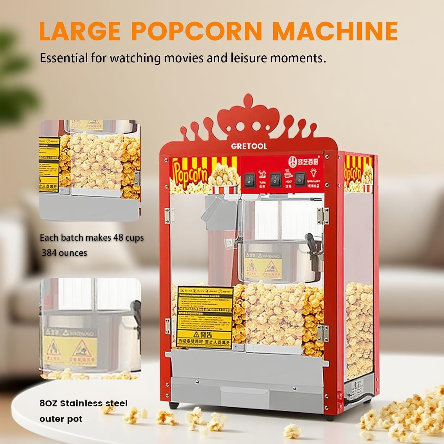 Crown Style,Commercial Popcorn Machine, 8 Ounce Kettle, 1400W, Theater Style, Family Style, with 3 Wwitch Controls, Steel Frame Tempered Glass Door, 1 Spoon, Red