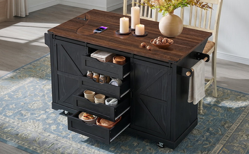 72" Farmhouse Kitchen Island with Fridge Storage & Power Outlet - Black