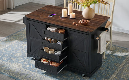 72" Farmhouse Kitchen Island with Fridge Storage & Power Outlet - Black