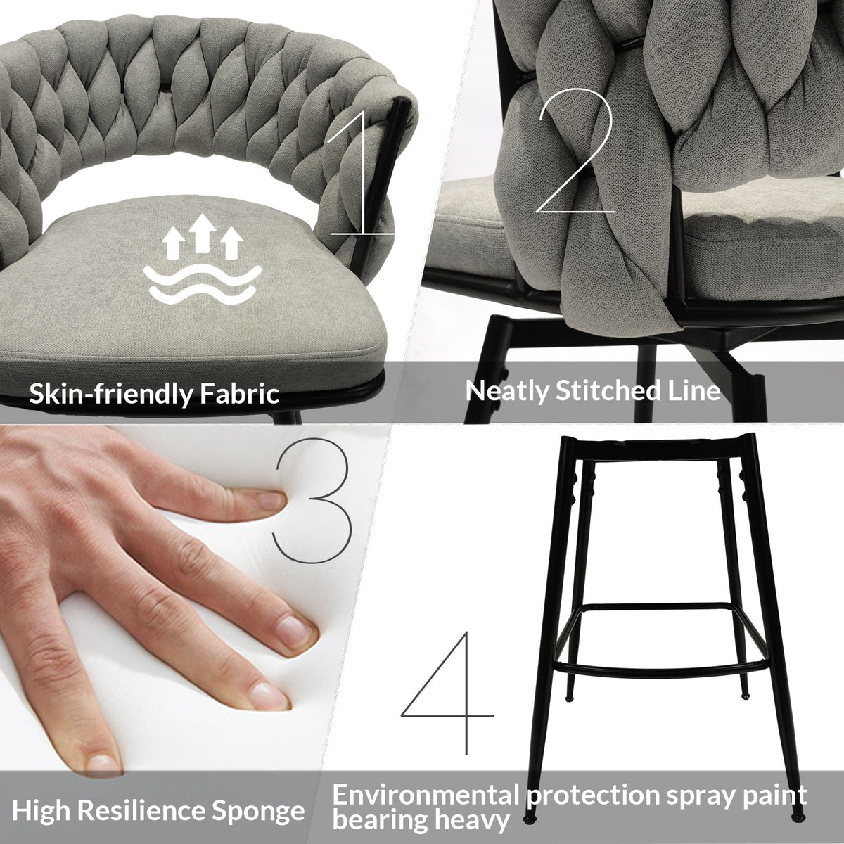 Bar Stool 360 Swivel with Back Footrest - Upholstered, Set of 2