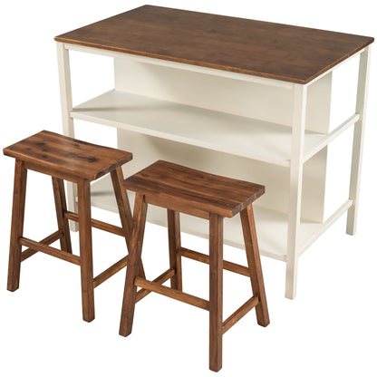 Rustic 3 Piece Stationary Kitchen Island Set with 2 Open Shelves - Light Brown