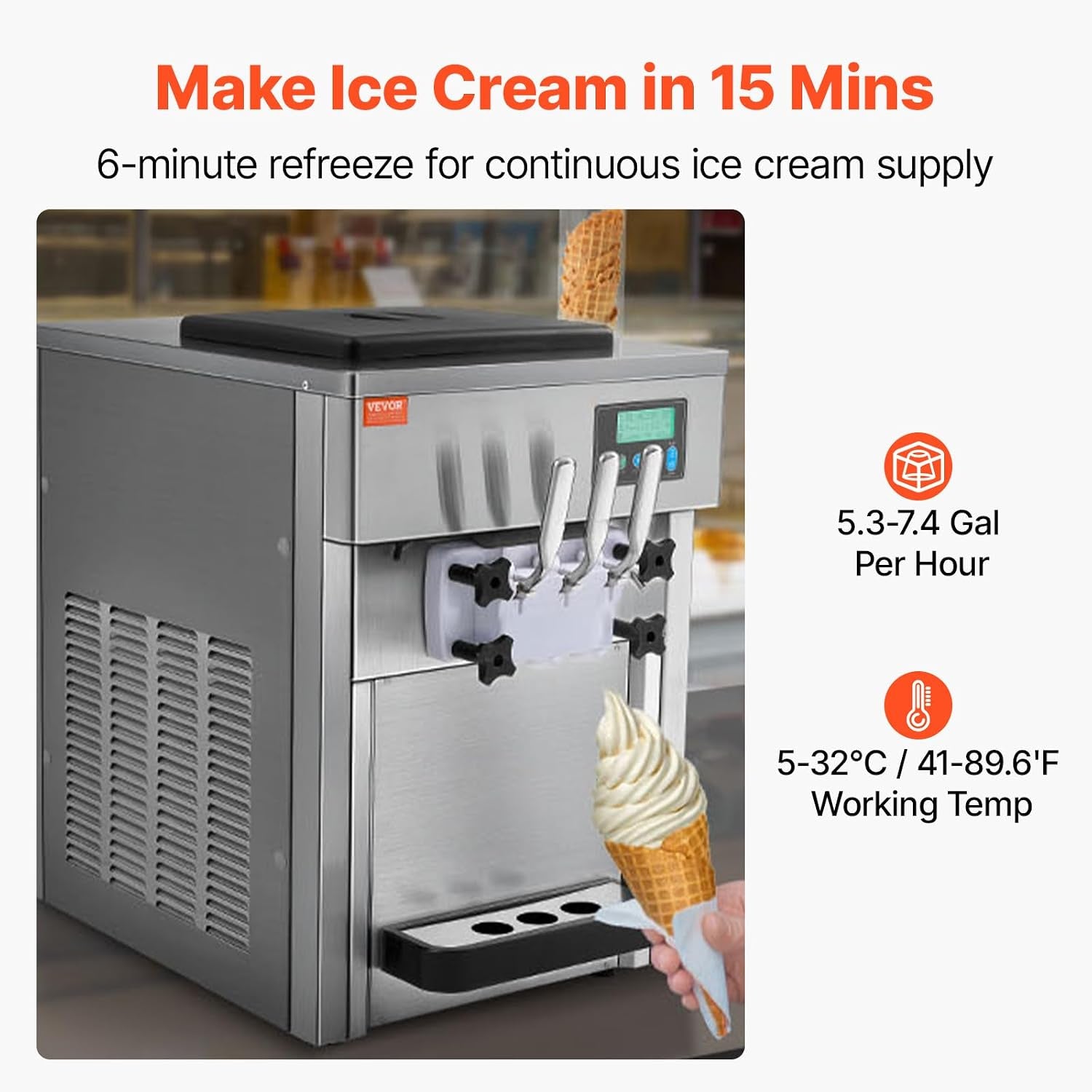 Commercial Ice Cream Machine, 21 QT/H Soft Serve Ice Cream Maker with LCD Panel Auto Clean 3-Flavor Pre-Cooling for Restaurant Snack Bar