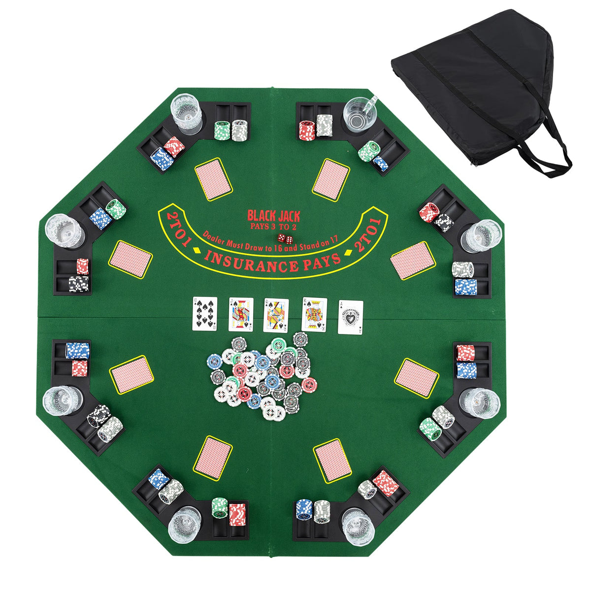 48 Inch 8-Player Foldable Poker Table Top with Carrying Bag and Cup Holders-Green