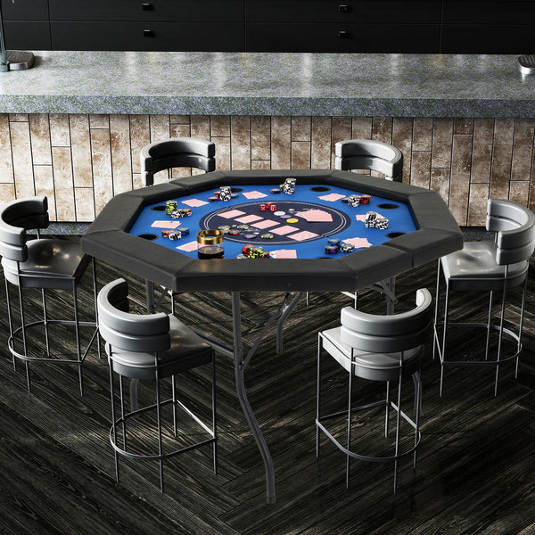 48" Foldable 8-Player Poker Table with Blue Casino Felt & Cup Holders