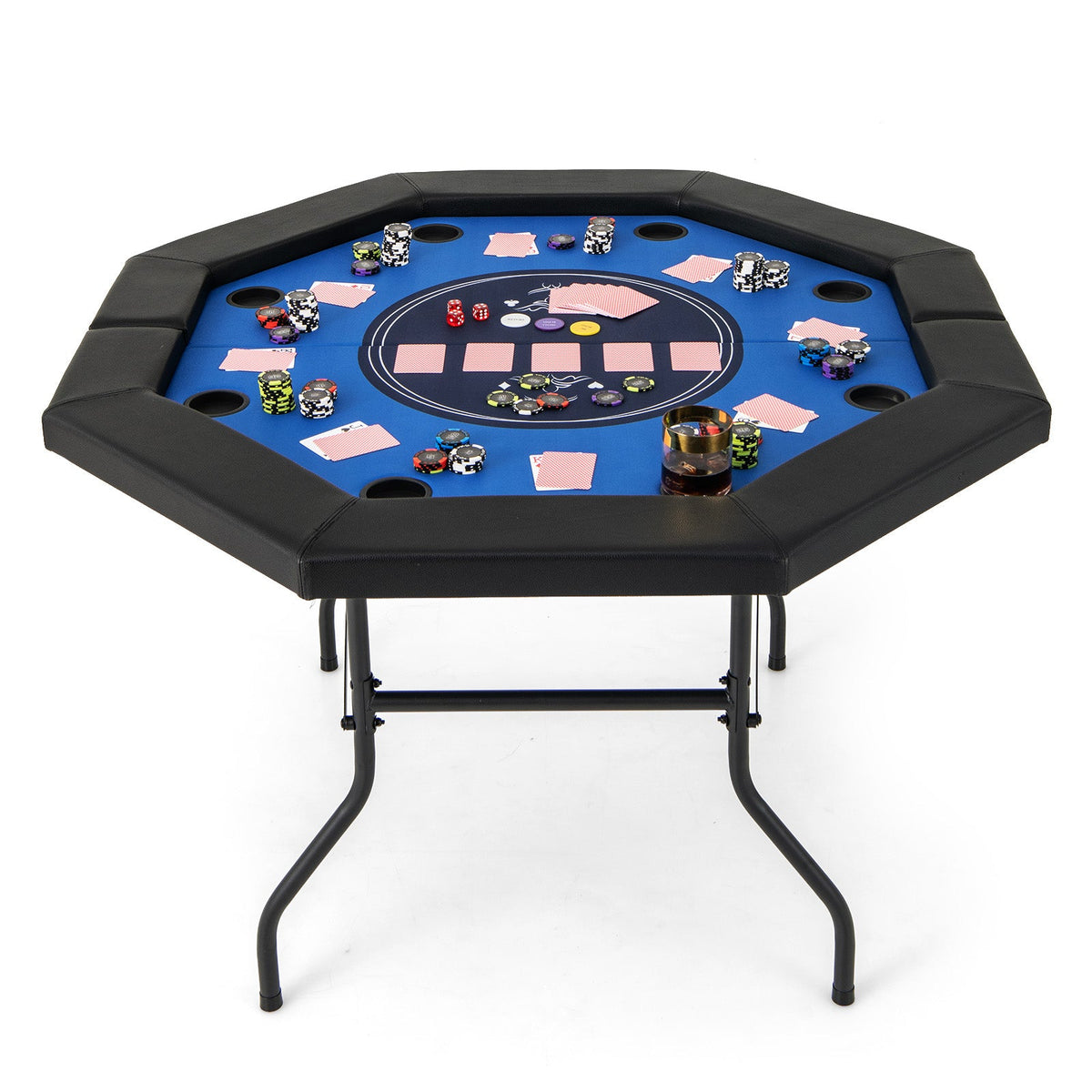 48" Foldable 8-Player Poker Table with Blue Casino Felt & Cup Holders