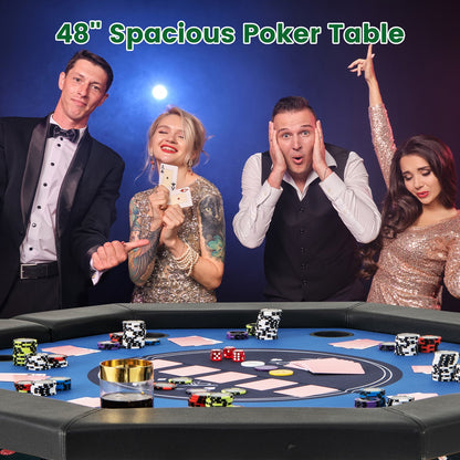 48" Foldable 8-Player Poker Table with Blue Casino Felt & Cup Holders