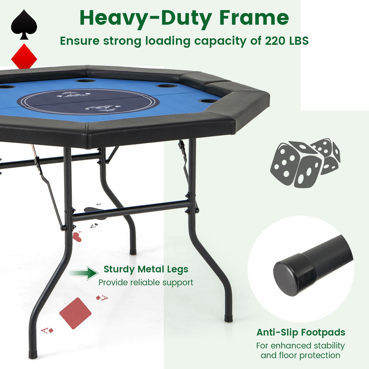 48" Foldable 8-Player Poker Table with Blue Casino Felt & Cup Holders