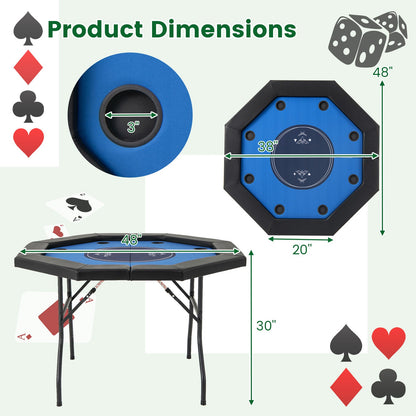 48" Foldable 8-Player Poker Table with Blue Casino Felt & Cup Holders