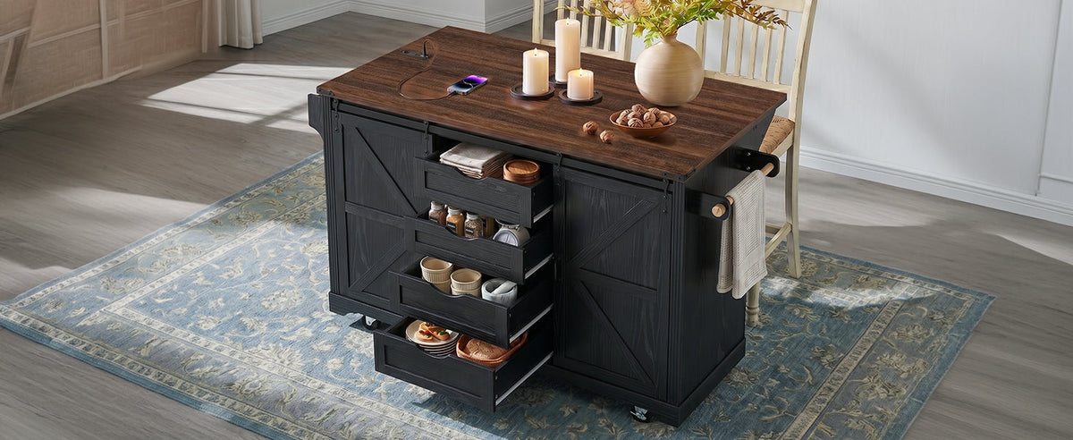 72" Farmhouse Kitchen Island with Fridge Storage & Power Outlet - Black