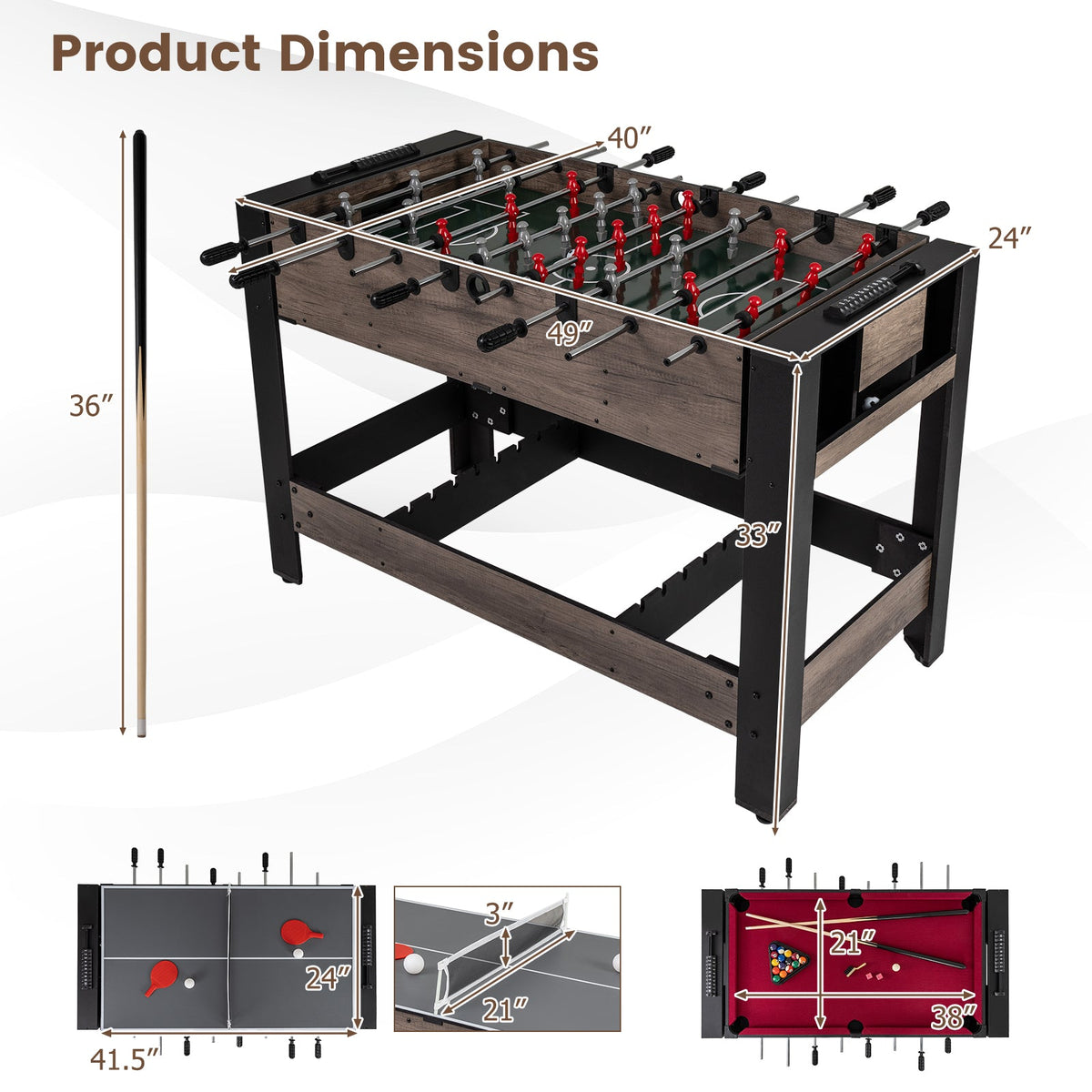49" 3-in-1 Flip Combo Game Table | Pool, Foosball & Table Tennis