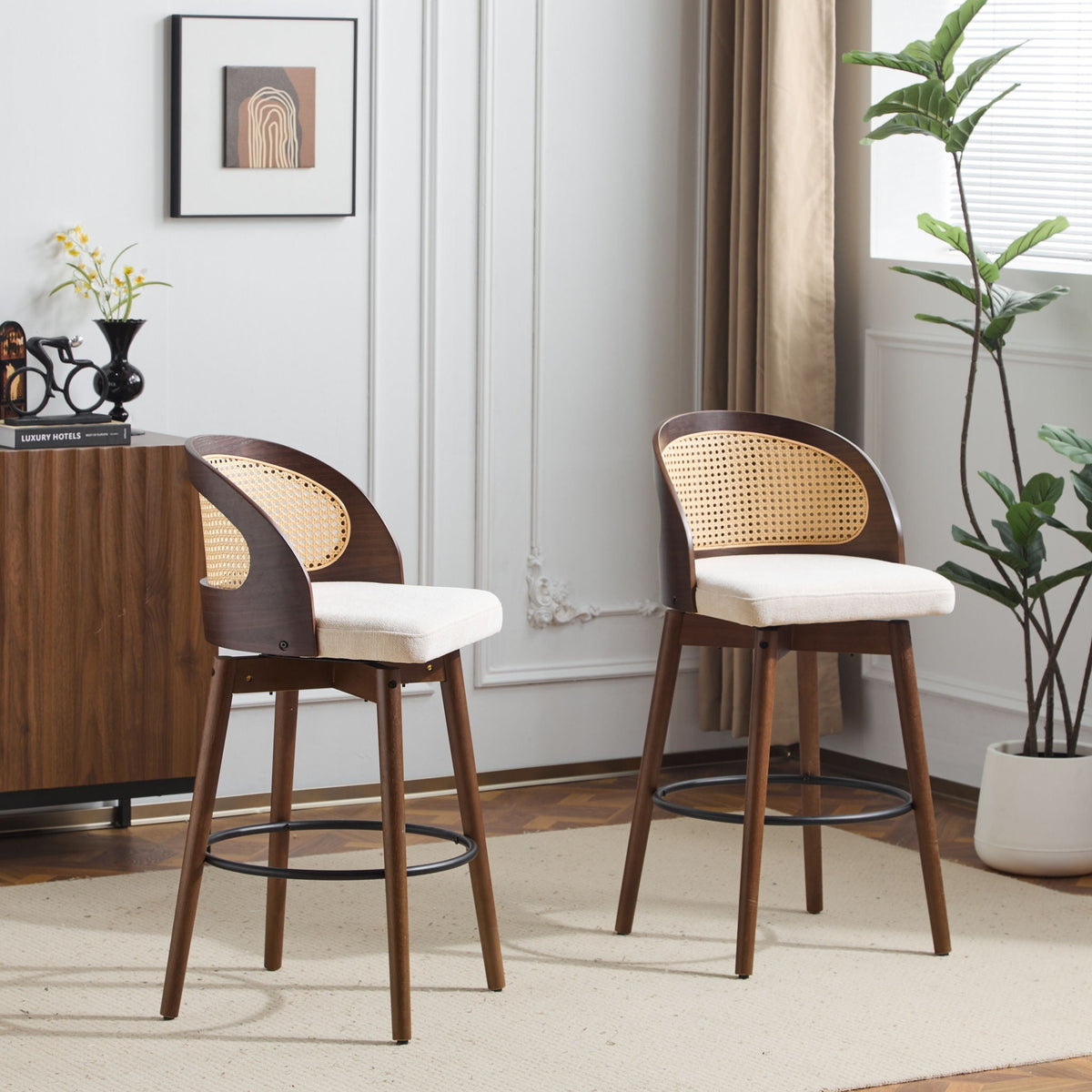 Como Indoor Wood Barstool Set of 2 with Rattan Backrest - Black, Beige