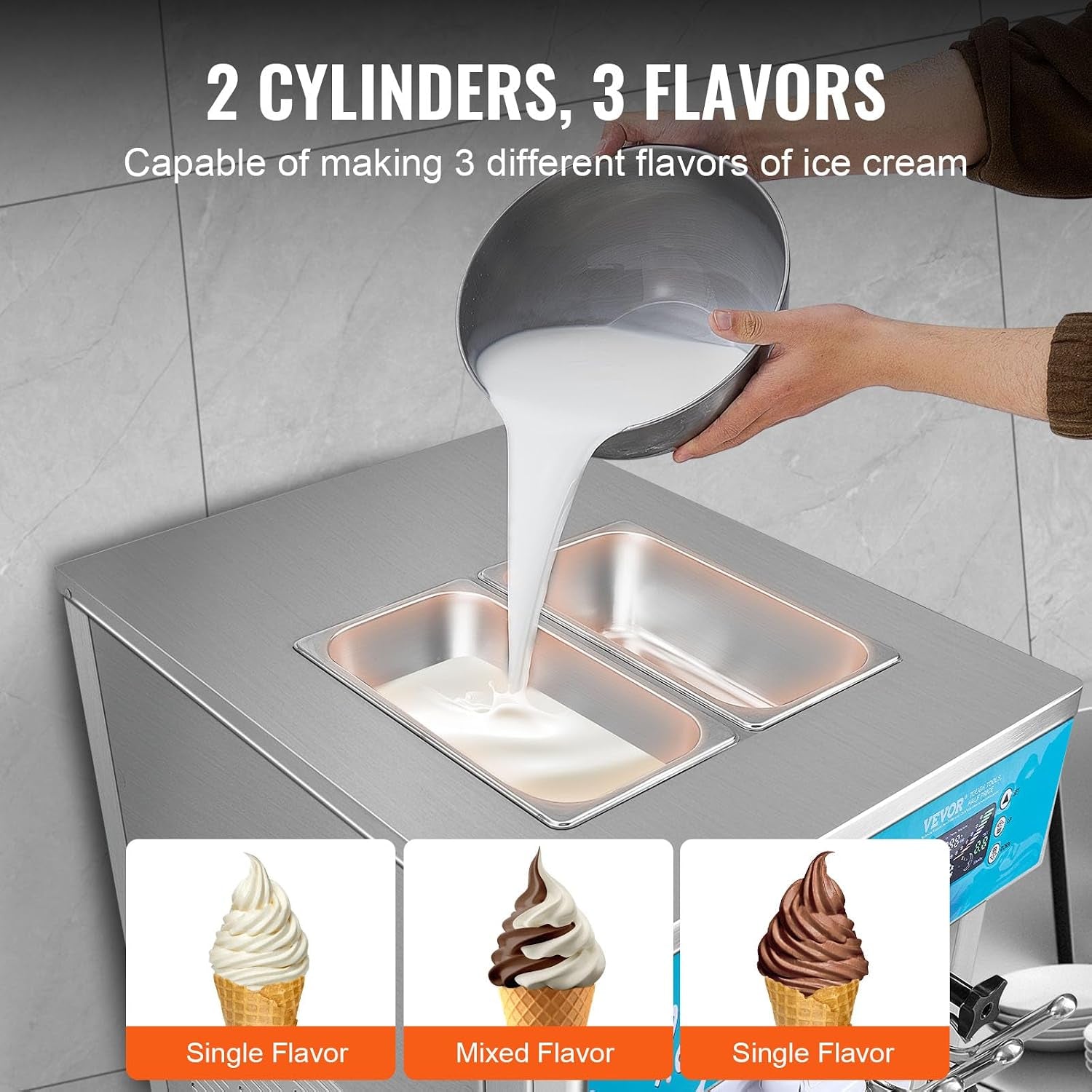 Commercial Ice Cream Machine, 21-31 L/H Yield, 1800W 3-Flavor Freestanding Soft Serve Ice Cream Maker, 2 X 5.5L Stainless Steel Cylinder, LED Panel Auto Clean Pre-Cooling, for Restaurant Bars