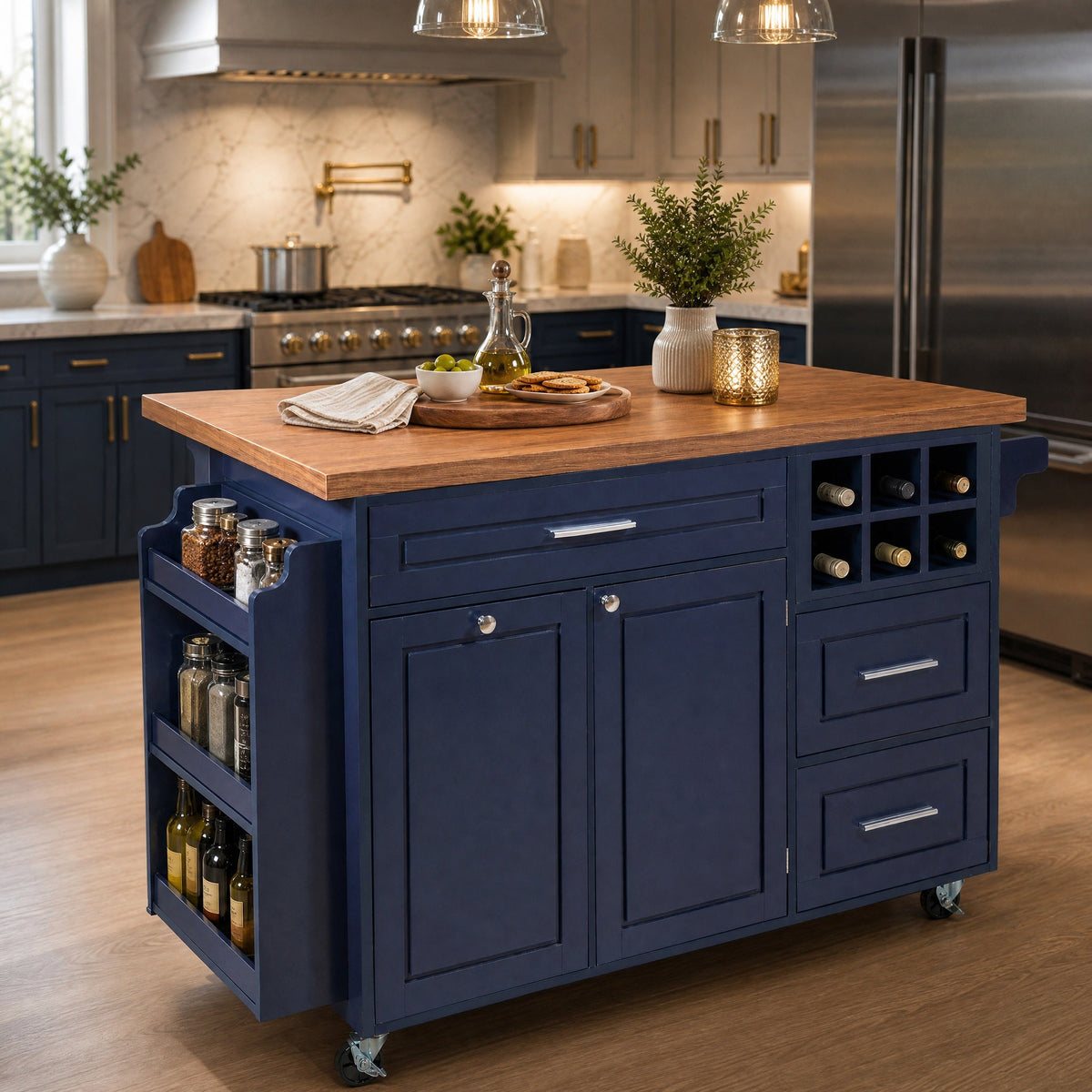 Rolling Kitchen Island Cart with Drop-Leaf and Rubber Wood Top - Natural