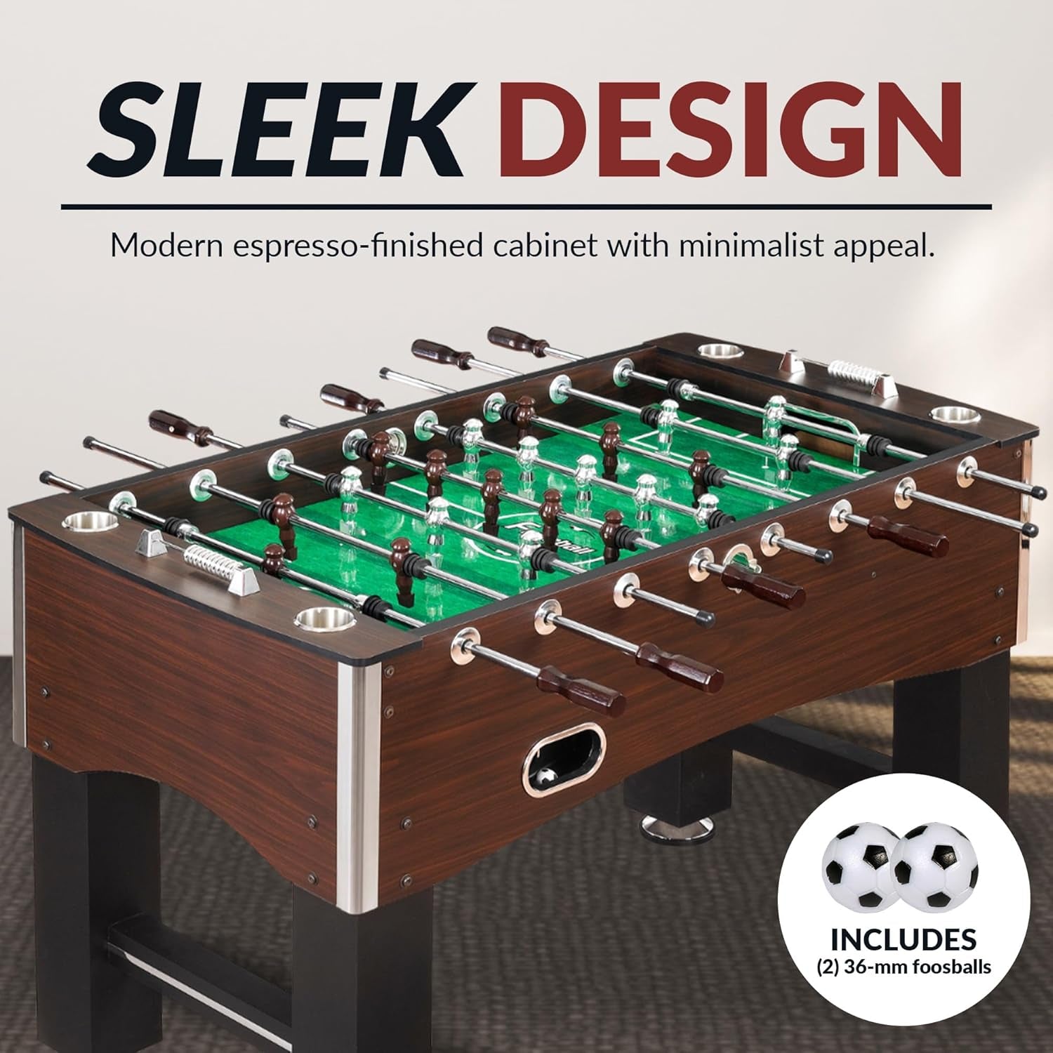 Primo 56-In Foosball Table for Family Game Room - with Counterbalanced Players, E-Z Spin Bearings, Analog Scoring Units, Easy-Grip Handles & Adjustable Leg Levelers - Wood Grain Finish