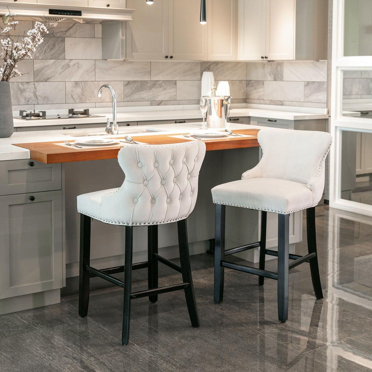 Upholstered Wing-Back Barstools with Button Tufting and Nailhead Trim - Set of 2