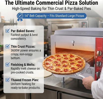 14" Commercial Conveyor Pizza Oven, 3600W 240V Countertop Electric Pizza Baker with 14-Inch Stainless Steel Belt, 6-20P Plug, High Efficiency Fast Baking for Restaurant, Snack Bar, Silver
