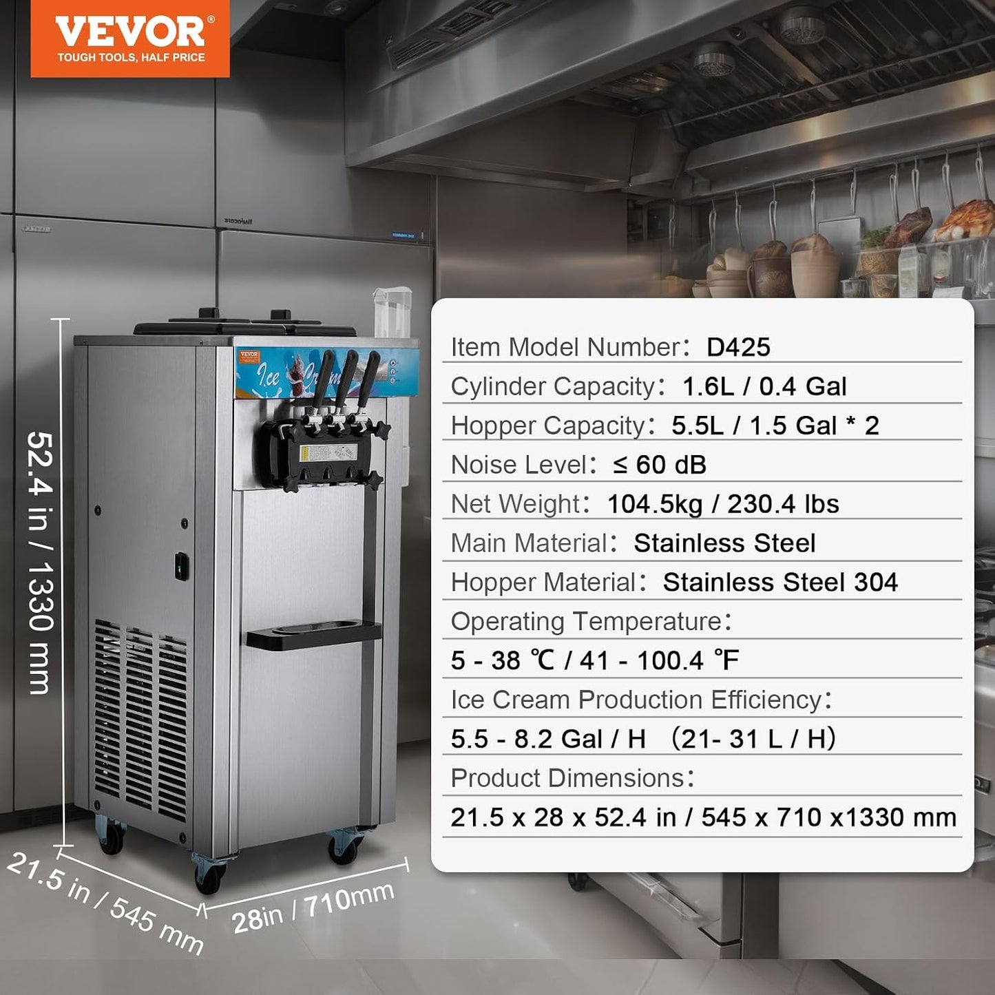 Commercial Ice Cream Machine, 21-31 L/H Yield, 1800W 3-Flavor Freestanding Soft Serve Ice Cream Maker, 2 X 5.5L Stainless Steel Cylinder, LED Panel Auto Clean Pre-Cooling, for Restaurant Bars
