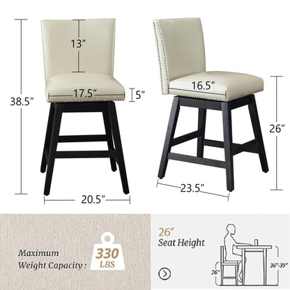 Upholstered Swivel Bar Stools High Back Set of 2 with 360° Swivel - Cream White