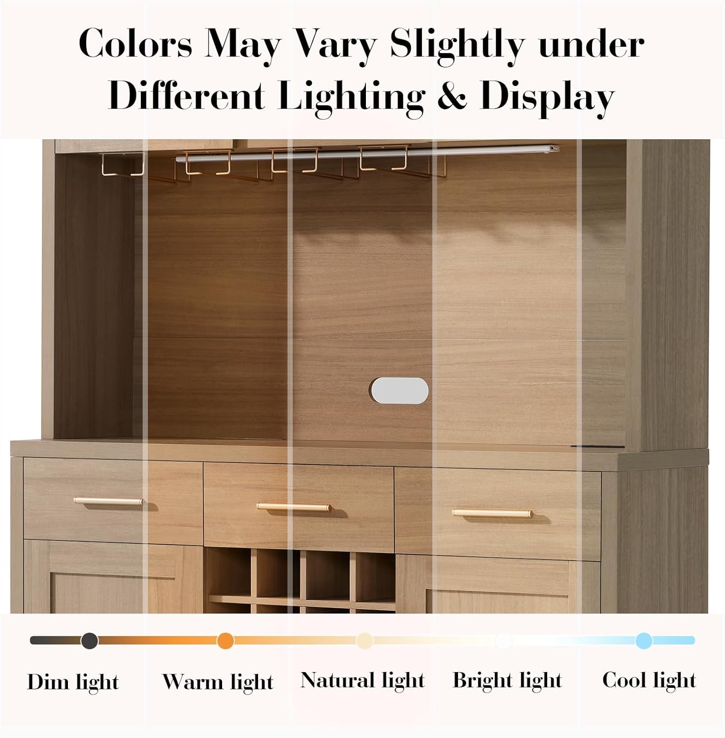 77" Tall Coffee Bar Cabinet with Storage and Wine Rack, Wine Cabinet for Dining Room Home with LED Lighting & Charging Station, Bar Cabinets for Kitchenwith Glass Holders, Oak