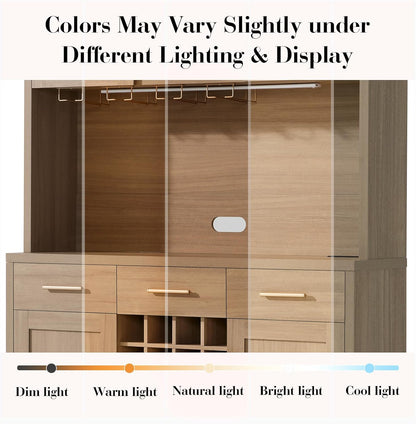 77" Tall Coffee Bar Cabinet with Storage and Wine Rack, Wine Cabinet for Dining Room Home with LED Lighting & Charging Station, Bar Cabinets for Kitchenwith Glass Holders, Oak