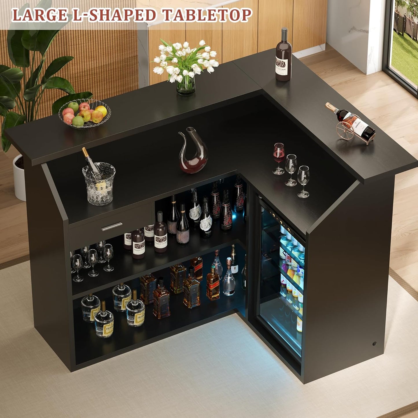 L-Shaped Home Bar Cabinet with Fridge Space, 4-Tier Corner Bar Cabinet with Glass Holder, Liquor Cabinet for Home with Led Lights, Power Outlets, Wine Cabinet for Living Room, Dining Room, Basement