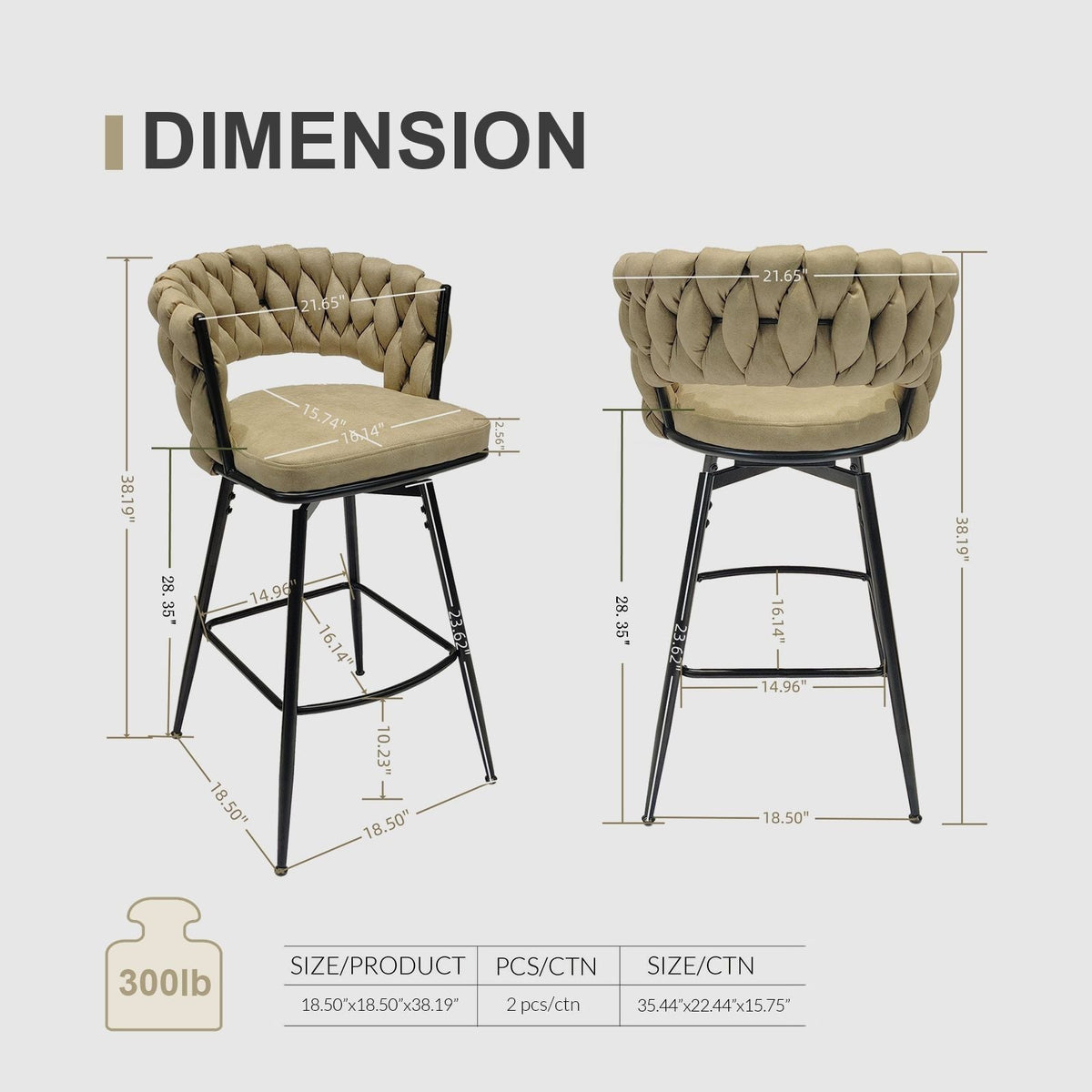 Bar Stool 360 Swivel with Back Footrest - Upholstered, Set of 2