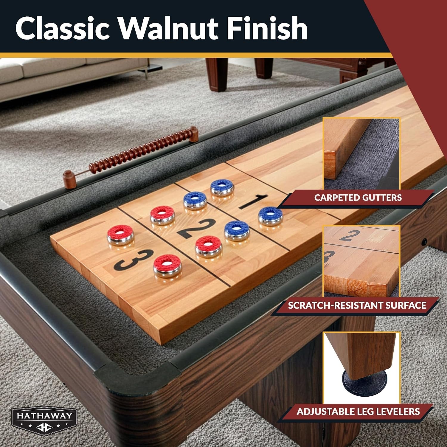 Challenger 12-ft Shuffleboard Table - Premium Walnut Finish with Built-In Scoring, Climate Adjusters, and Complete Accessory Set for Endless Family Fun
