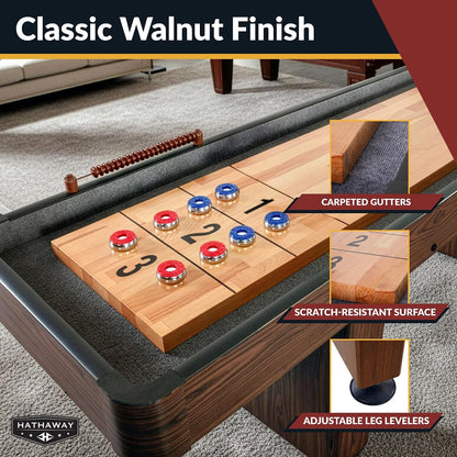 Challenger 12-ft Shuffleboard Table - Premium Walnut Finish with Built-In Scoring, Climate Adjusters, and Complete Accessory Set for Endless Family Fun
