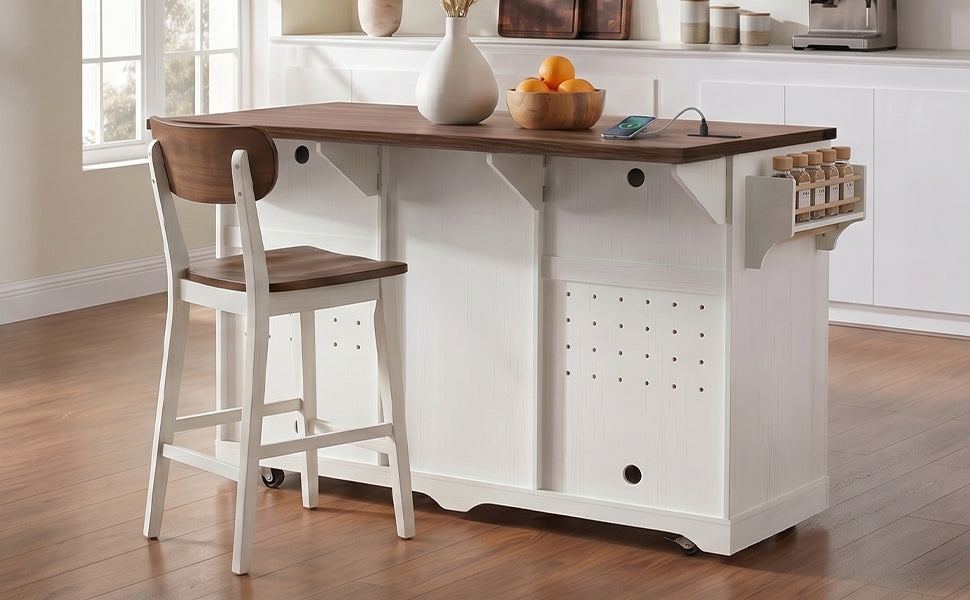 72" Farmhouse Kitchen Island with Fridge Storage and Power Outlets - Imitation Wood Grain