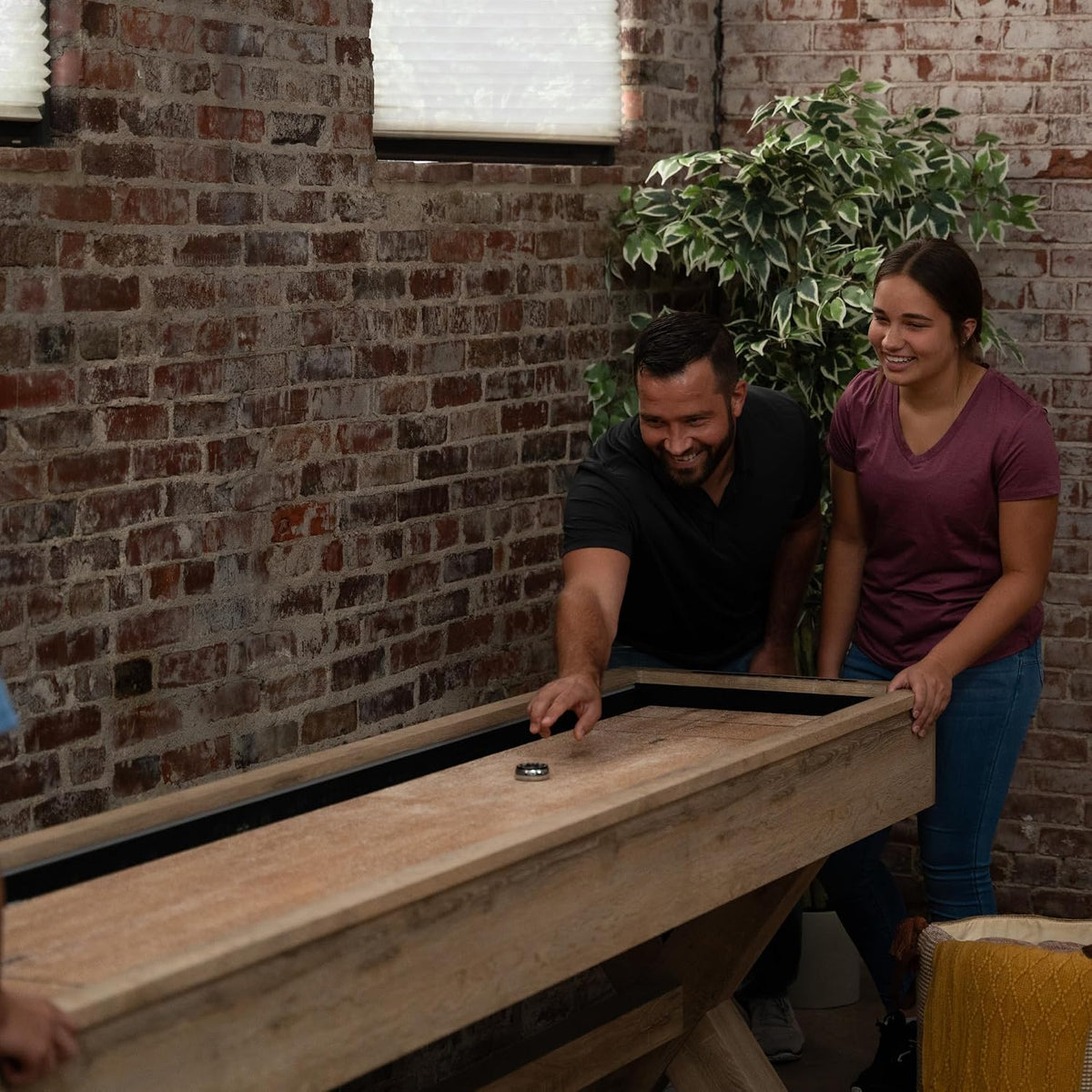 LED Shuffleboard with Contemporary Buffet Top - Illuminated LED Rails and Two-Piece Leaf Design