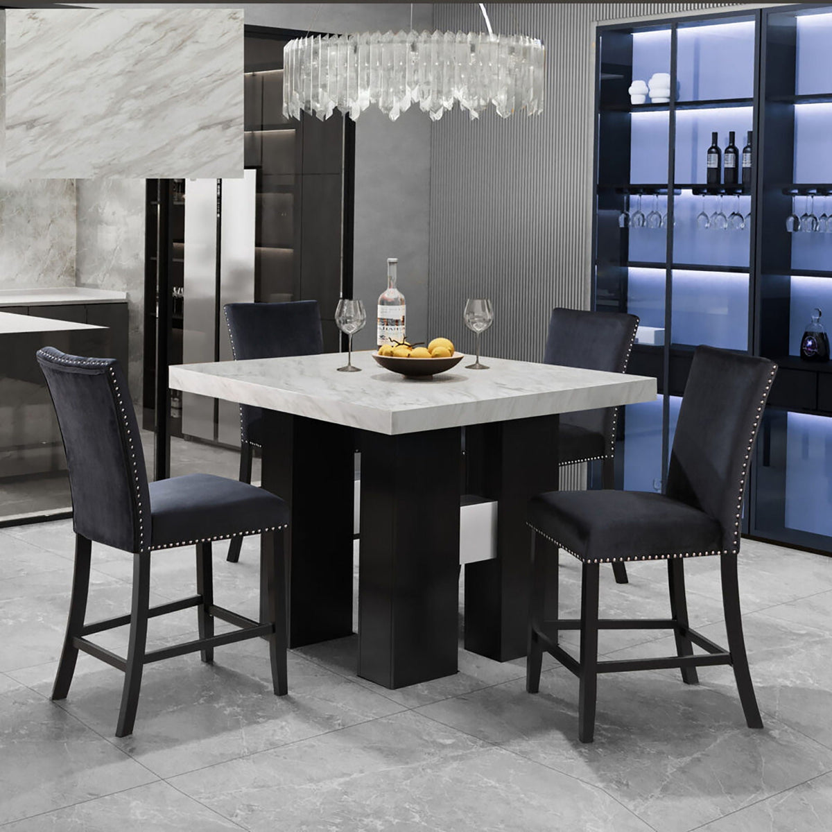 Faux Marble Bar Table and 4 Bar Stools Set with Double Pedestal Base - Black or White