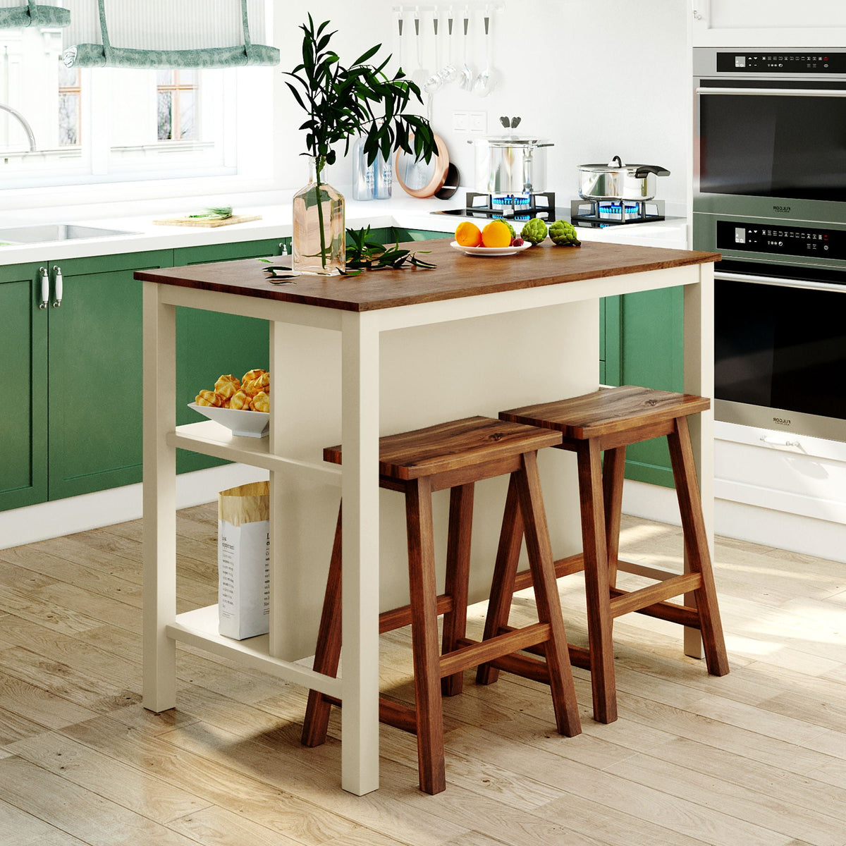 Rustic 3 Piece Stationary Kitchen Island Set with 2 Open Shelves - Light Brown